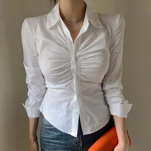 Шикарная корейская рубашка в стиле High Street с длинными рукавами, приталенного кроя, с плиссировкой и накладным карманом на груди, женская, в повседневном стиле, однотонная.
Шикарная корейская рубашка в стиле High Street с длинными рукавами, приталенного кроя, с плиссировкой и накладным карманом на груди, женская, в повседневном стиле, однотонная.