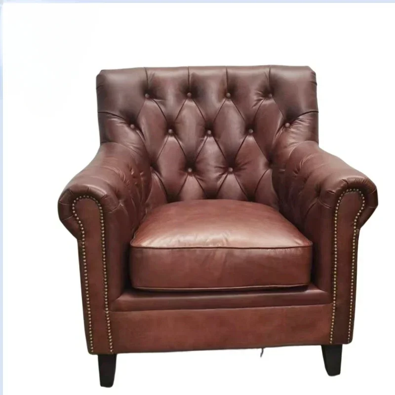 Brown single sofa living room pull button high back retro leather leisure chair
Brown single sofa living room pull button high back retro leather leisure chair