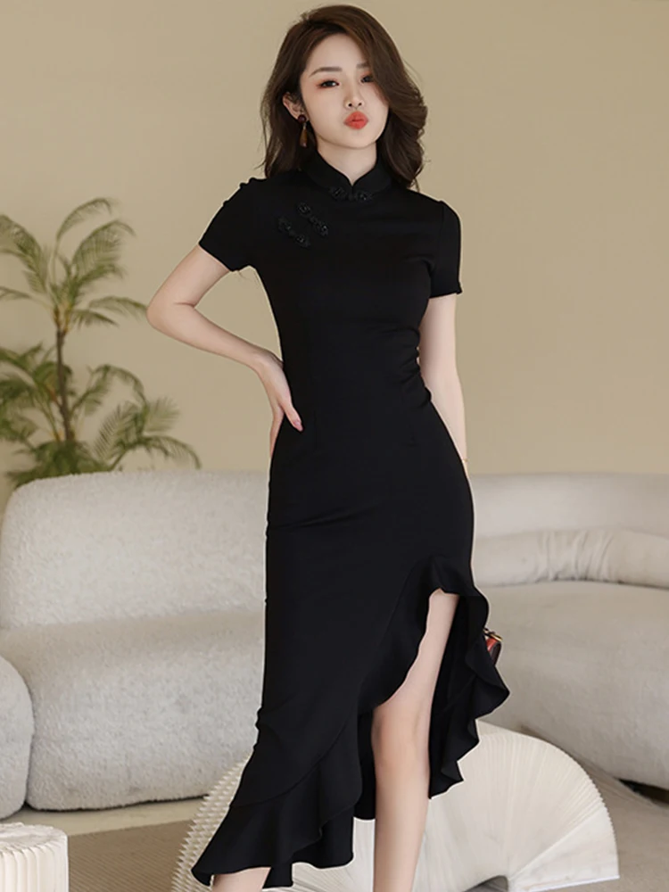 Elegant Sexy Qipao Dress for Women Sweet Black Ruffles Irregular Long Robe Party Street Vacation Vestidos Daily Wear Cheongsam
Elegant Sexy Qipao Dress for Women Sweet Black Ruffles Irregular Long Robe Party Street Vacation Vestidos Daily Wear Cheongsam