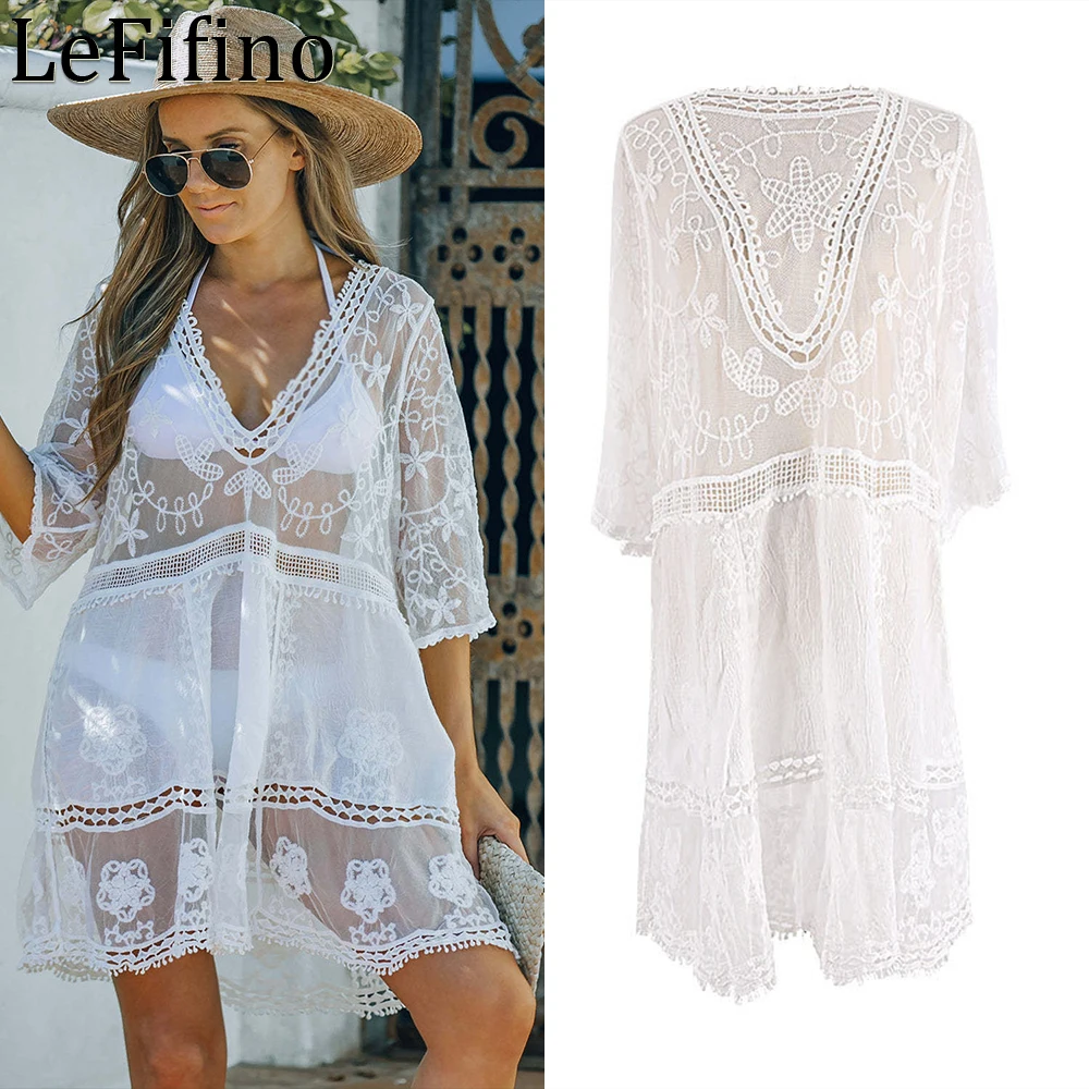 Summer Lace Embroidery Hollow Out V-neck Sexy Short Skirt Solid Beach Vacation Coat Hot Spring Outwear Bikini Cover Up For Women
Summer Lace Embroidery Hollow Out V-neck Sexy Short Skirt Solid Beach Vacation Coat Hot Spring Outwear Bikini Cover Up For Women
