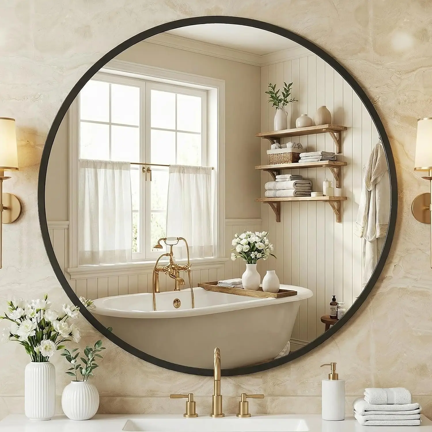 36 Inch Round Wall Mirror for Bathroom Over Sink, Matte Black Metal Frame, Tempered Glass, Anti-Rust, Hanging or Leaning
36 Inch Round Wall Mirror for Bathroom Over Sink, Matte Black Metal Frame, Tempered Glass, Anti-Rust, Hanging or Leaning