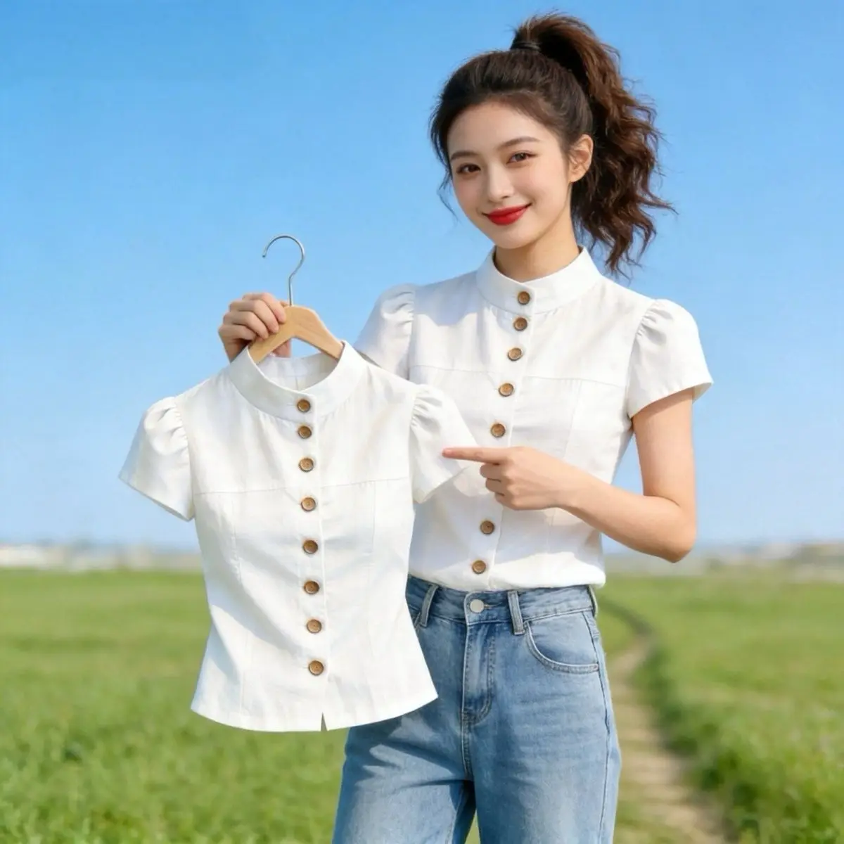 Slimming Vintage Style Stand Collar Short Sleeve Single Button Women's Shirt Waist Cinching Summer New Bubble Sleeve Top
Slimming Vintage Style Stand Collar Short Sleeve Single Button Women's Shirt Waist Cinching Summer New Bubble Sleeve Top