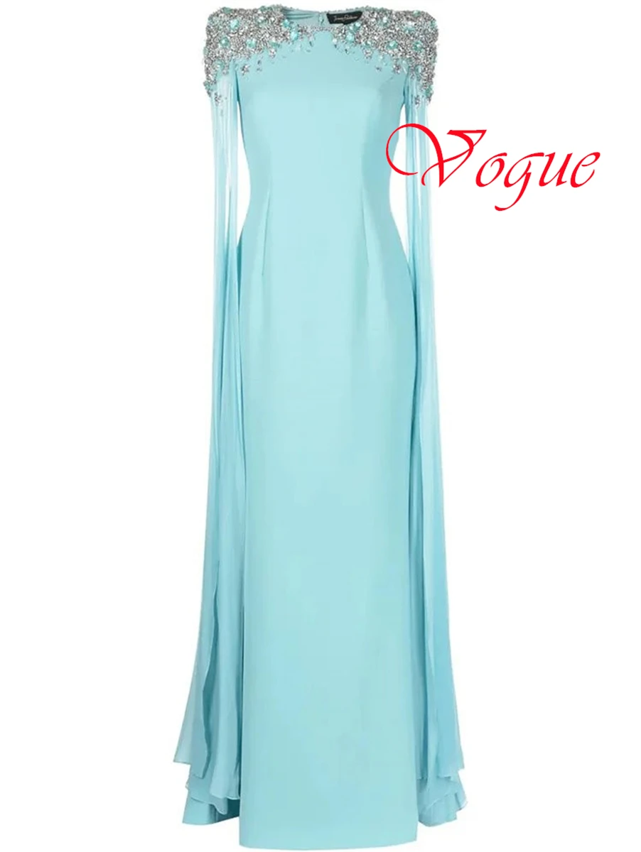 Customized Classic Light Blue Jersey Evening Dress Exquisite Crew Neck Short Sleeves Zipper Back Crystal Special Occasion Gowns
Customized Classic Light Blue Jersey Evening Dress Exquisite Crew Neck Short Sleeves Zipper Back Crystal Special Occasion Gowns
