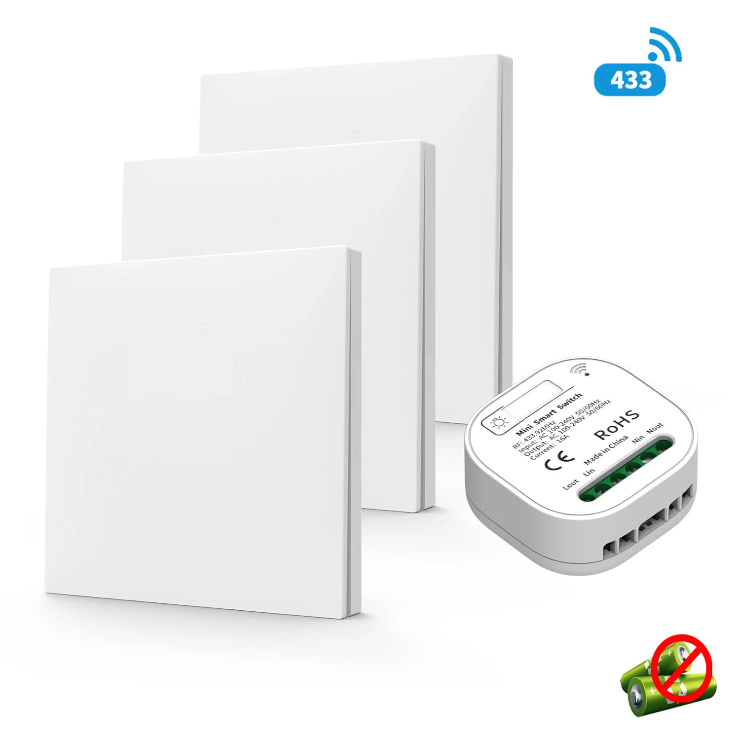 230V wireless light switch kit, with receiver, self-powered without batteries, 10 amps, RF433 wireless switch function
230V wireless light switch kit, with receiver, self-powered without batteries, 10 amps, RF433 wireless switch function