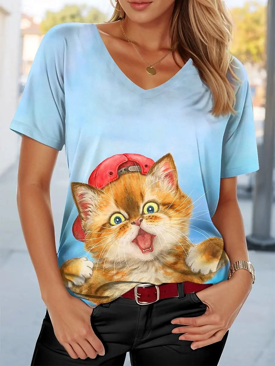 Ladies Retro Cat Pattern T-shirt V-Neck Short-Sleeved Classic Regular Fit Top Daily Printing Summer Fashion Top
Ladies Retro Cat Pattern T-shirt V-Neck Short-Sleeved Classic Regular Fit Top Daily Printing Summer Fashion Top