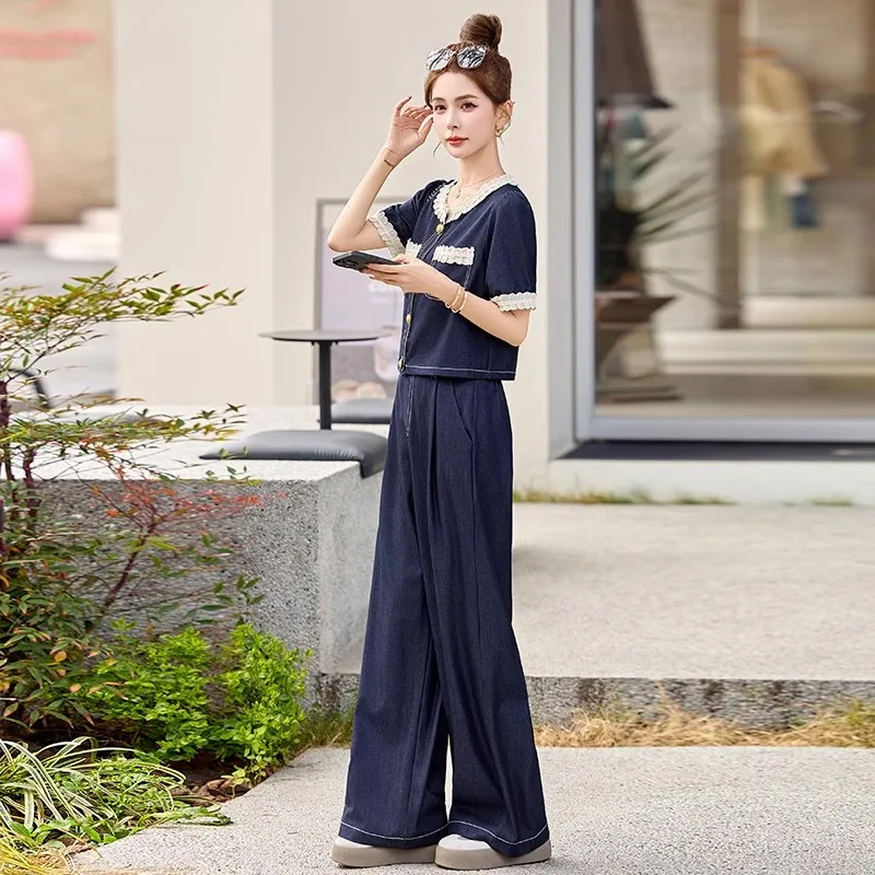 women's Summer Denim Blue Suits Minimalist Short-sleeve Tops O-neck Lace Paneling High-waisted Casual Wide-leg Pants Two Piece 
women's Summer Denim Blue Suits Minimalist Short-sleeve Tops O-neck Lace Paneling High-waisted Casual Wide-leg Pants Two Piece