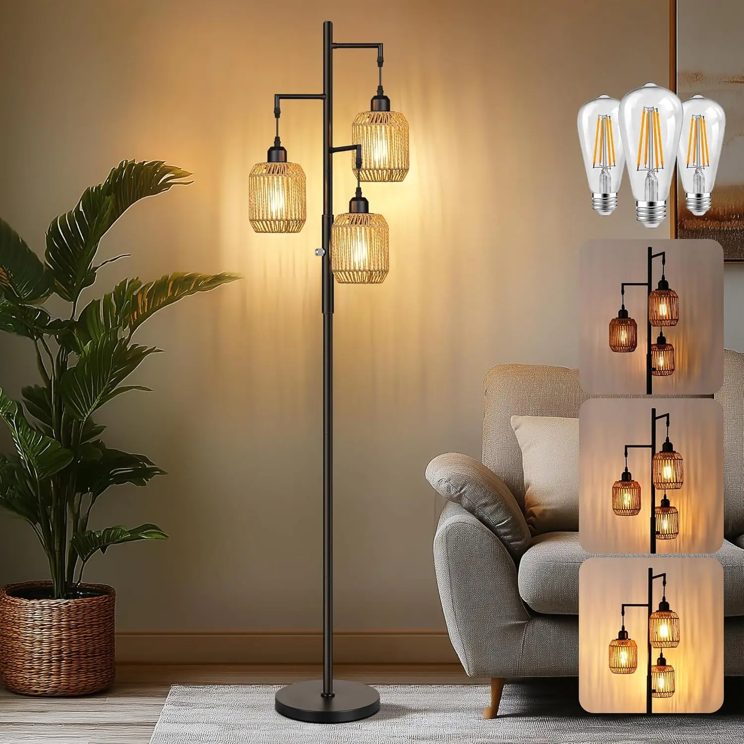 Dimmable Boho Floor Lamp - 3 Light Rattan Farmhouse Lamp for Living Room, Bedroom, Office, 68" Black
Dimmable Boho Floor Lamp - 3 Light Rattan Farmhouse Lamp for Living Room, Bedroom, Office, 68" Black
