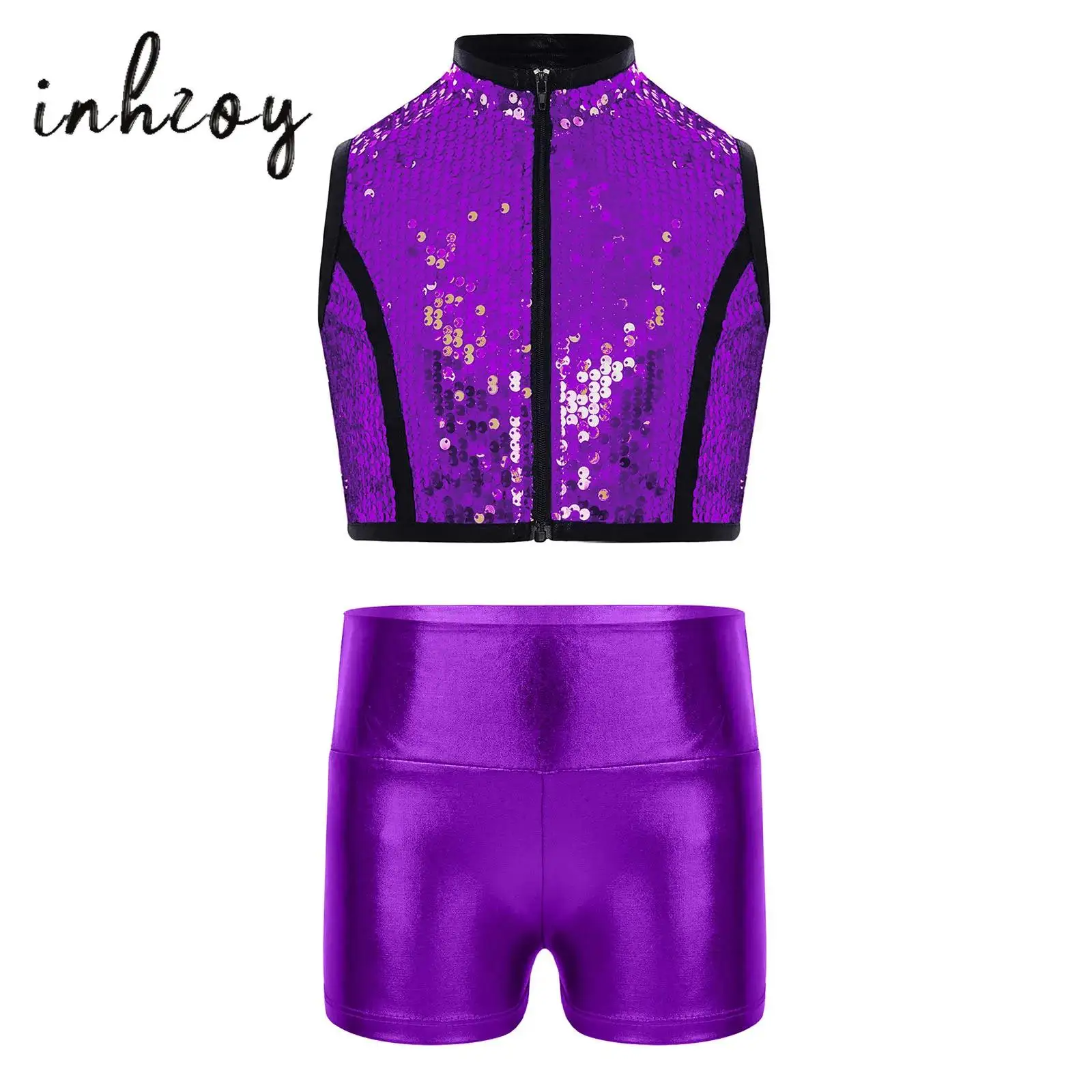 Children Girls Contrast Color Jazz Dance Costume Sparkling Sequins Crop Tops with Shorts for Stage Jazz Yoga Dance Training Show
Children Girls Contrast Color Jazz Dance Costume Sparkling Sequins Crop Tops with Shorts for Stage Jazz Yoga Dance Training Show