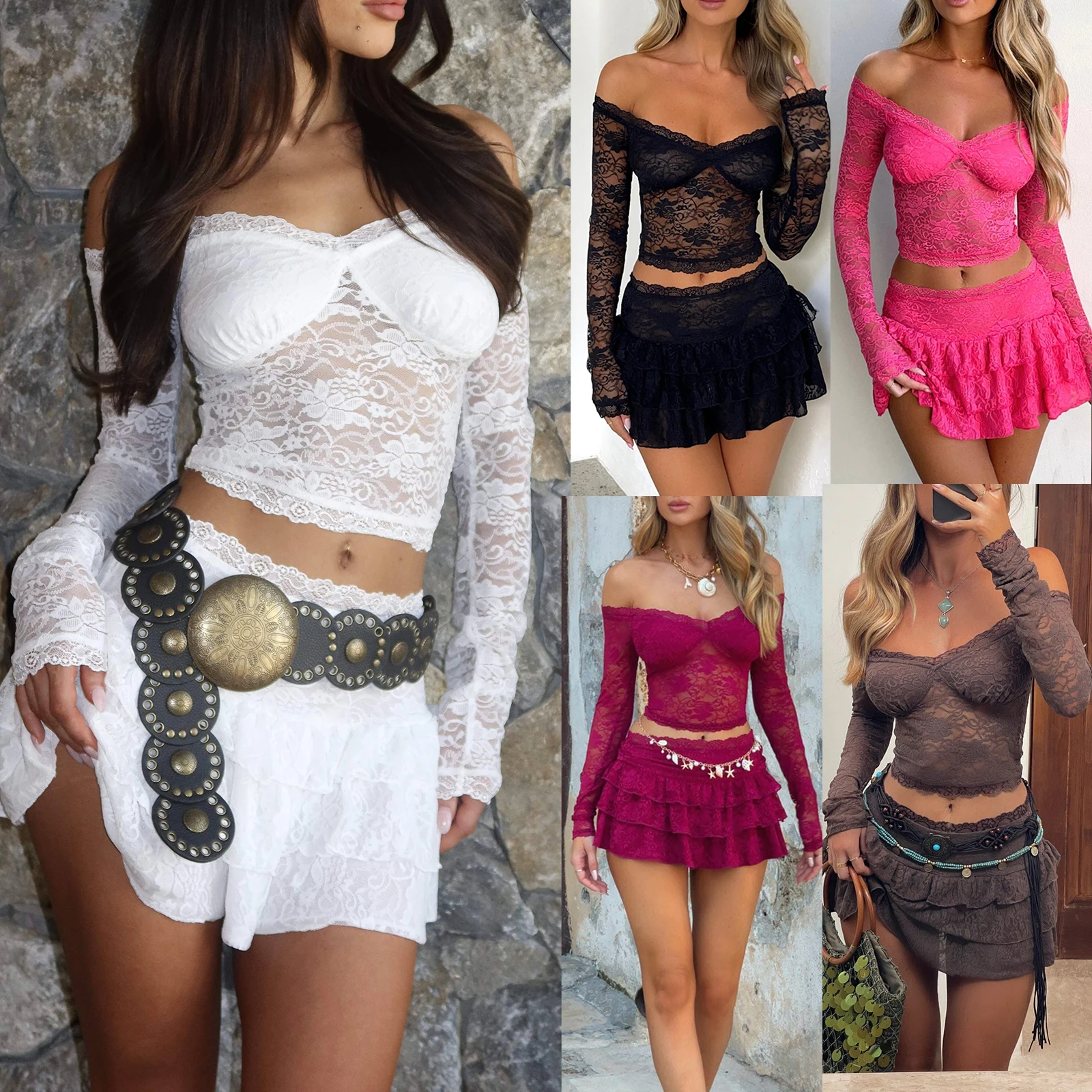 Women Lace Skirt Set Fairycore See Through Off Shoulder Long Sleeve Crop Tops and Mini Skirt Suit 2 Piece Outfits Streetwear
Women Lace Skirt Set Fairycore See Through Off Shoulder Long Sleeve Crop Tops and Mini Skirt Suit 2 Piece Outfits Streetwear