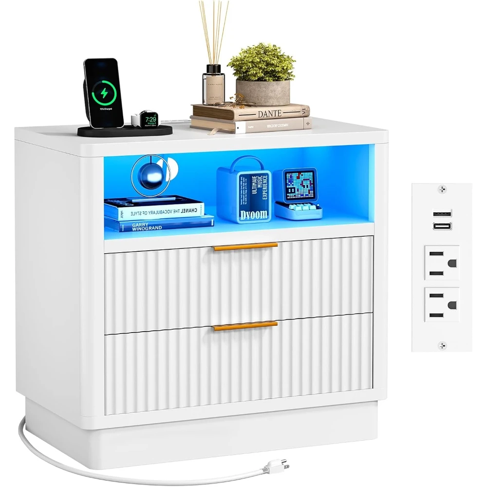 Прикроватная тумбочка с LED-подсветкой и зарядной станцией, белая, из рифленого дерева, с 2 ящиками и USB-портом для спальни
Прикроватная тумбочка с LED-подсветкой и зарядной станцией, белая, из рифленого дерева, с 2 ящиками и USB-портом для спальни