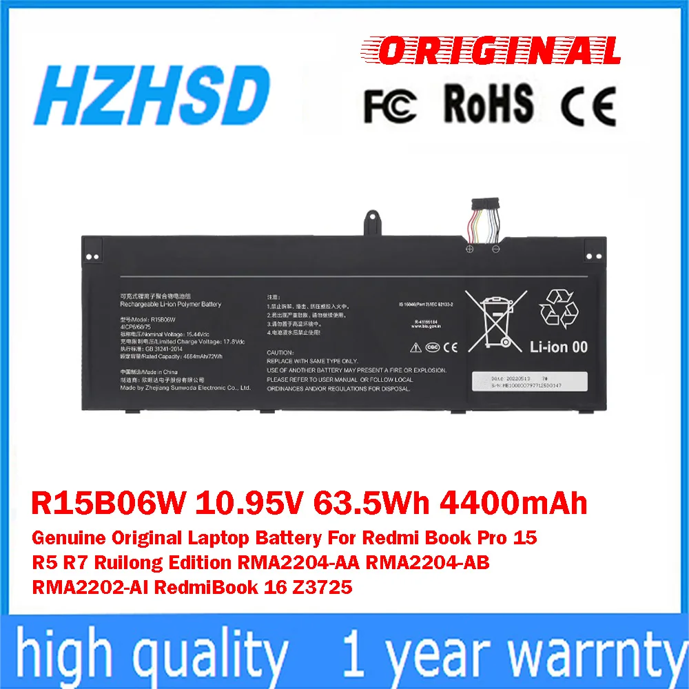 R15B06W 10.95V 63.5Wh 4400mAh Genuine Original Laptop Battery For Redmi Book Pro 15 R5 R7 Ruilong Edition RMA2204-AA RMA2204-AB
R15B06W 10.95V 63.5Wh 4400mAh Genuine Original Laptop Battery For Redmi Book Pro 15 R5 R7 Ruilong Edition RMA2204-AA RMA2204-AB