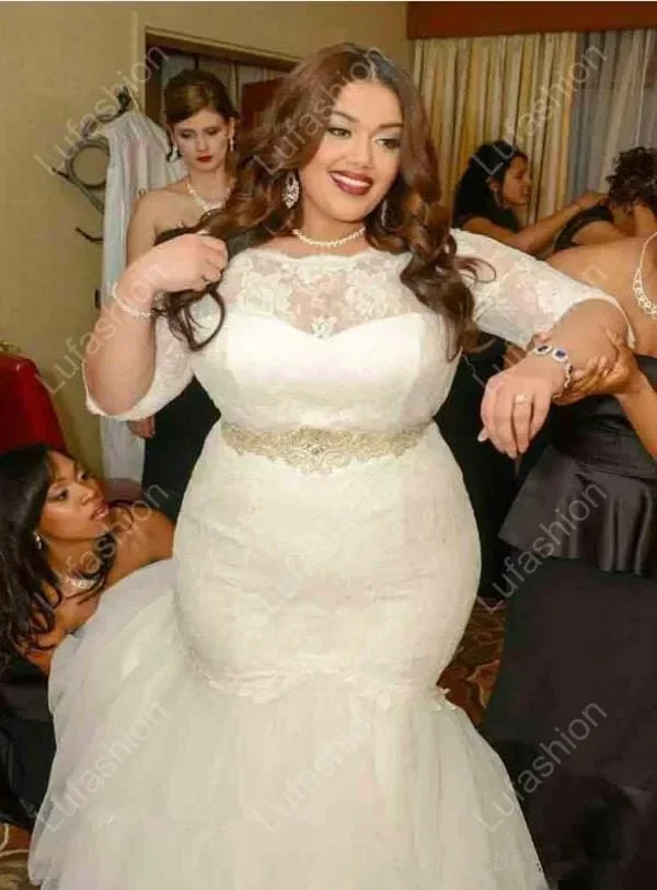 Customized African Plus Size Mermaid Wedding Dresses Sashes Beaded Sheer Scoop Neck Sleeve Lace Backless Bridal Gowns
Customized African Plus Size Mermaid Wedding Dresses Sashes Beaded Sheer Scoop Neck Sleeve Lace Backless Bridal Gowns
