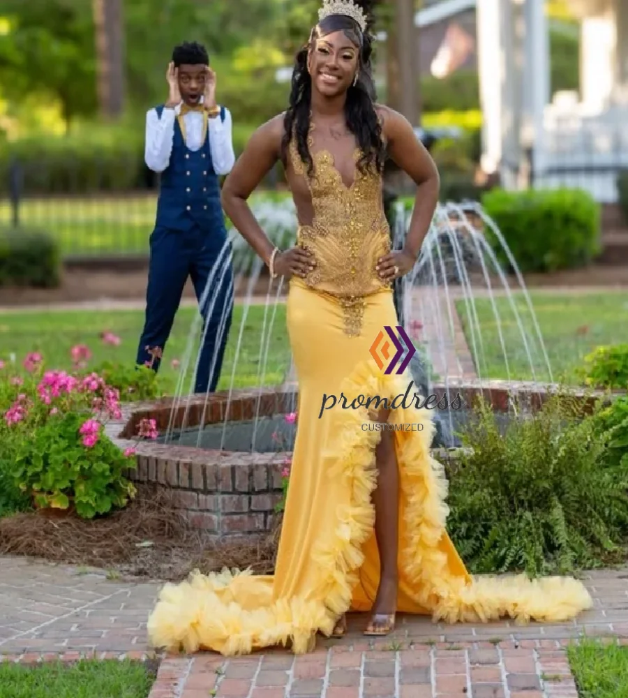 Beautiful Yellow Prom Dress With Slit Elegant Mermaid Black Girls Evening Dress Beaded Crystal Formal Occasion Party Customized
Beautiful Yellow Prom Dress With Slit Elegant Mermaid Black Girls Evening Dress Beaded Crystal Formal Occasion Party Customized