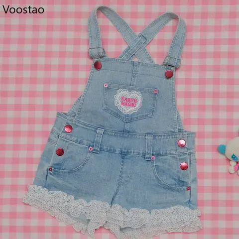 Sweet Y2k Lolita Style Denim Overalls Japanese Women Kawaii Embroidery Ruffles Princess Jumpsuits Female Cute Party Strap Shorts