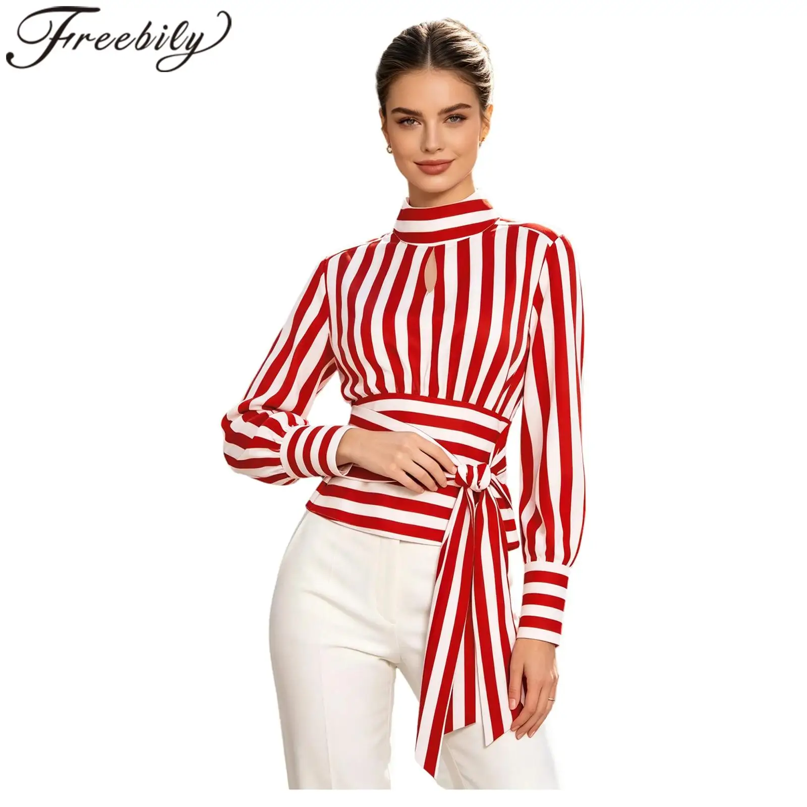 Office Lady Pullover Shirt Womens Classic Stylish Striped Shirt High Collar Fashion Long Sleeves Belted Waist Blouse Top
Office Lady Pullover Shirt Womens Classic Stylish Striped Shirt High Collar Fashion Long Sleeves Belted Waist Blouse Top