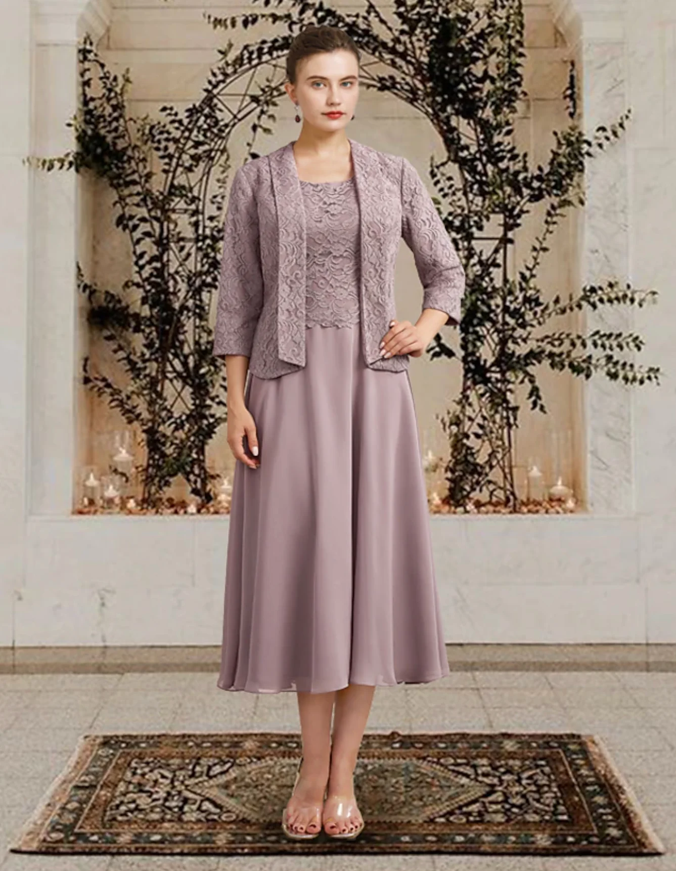 Two Piece A-Line Mother of the Bride Dress Jewel Neck Tea Length Chiffon Lace Jacket Dresses with Ruffles Appliques 2024
Two Piece A-Line Mother of the Bride Dress Jewel Neck Tea Length Chiffon Lace Jacket Dresses with Ruffles Appliques 2024