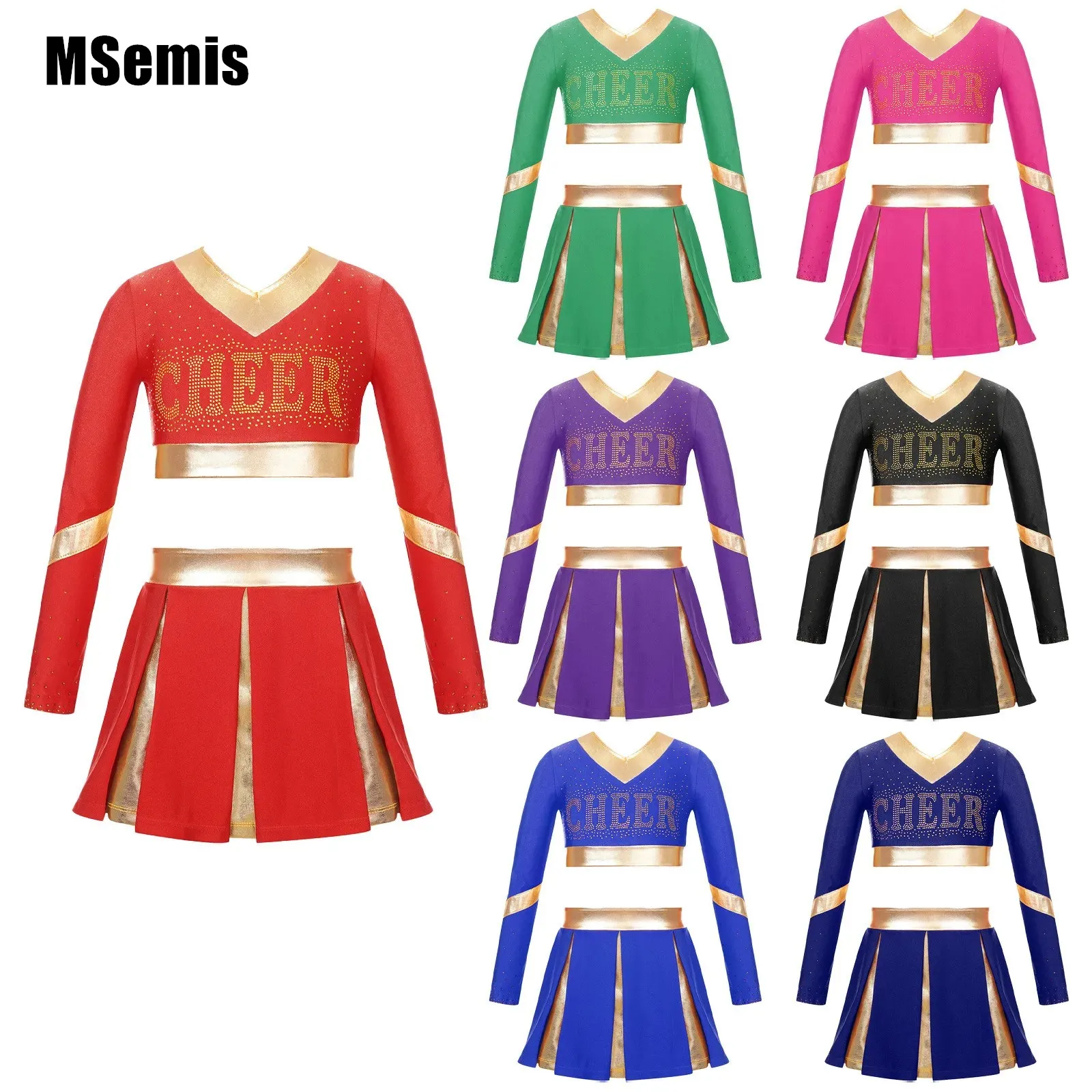 Kids Girls Patchwork Cheerleading Dance Outfit Rhinestone Letter Print V Neckline Long Sleeve Crop Top with Pleated Skirt
Kids Girls Patchwork Cheerleading Dance Outfit Rhinestone Letter Print V Neckline Long Sleeve Crop Top with Pleated Skirt