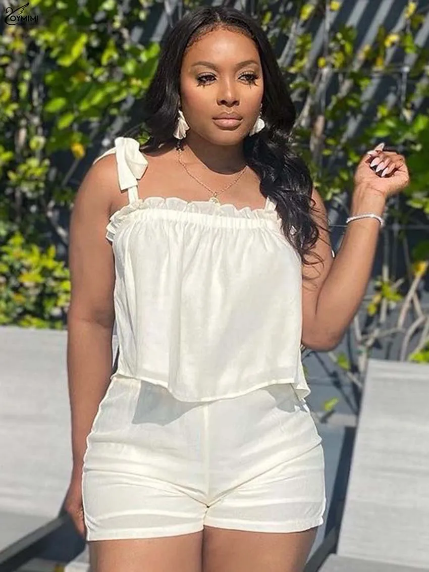 Oymimi Fashion White Cotton 2 Pieces Set For Woman Summer Open Back Spaghetti Strap Lace-Up Tops And Simple Slim Shorts Sets
Oymimi Fashion White Cotton 2 Pieces Set For Woman Summer Open Back Spaghetti Strap Lace-Up Tops And Simple Slim Shorts Sets