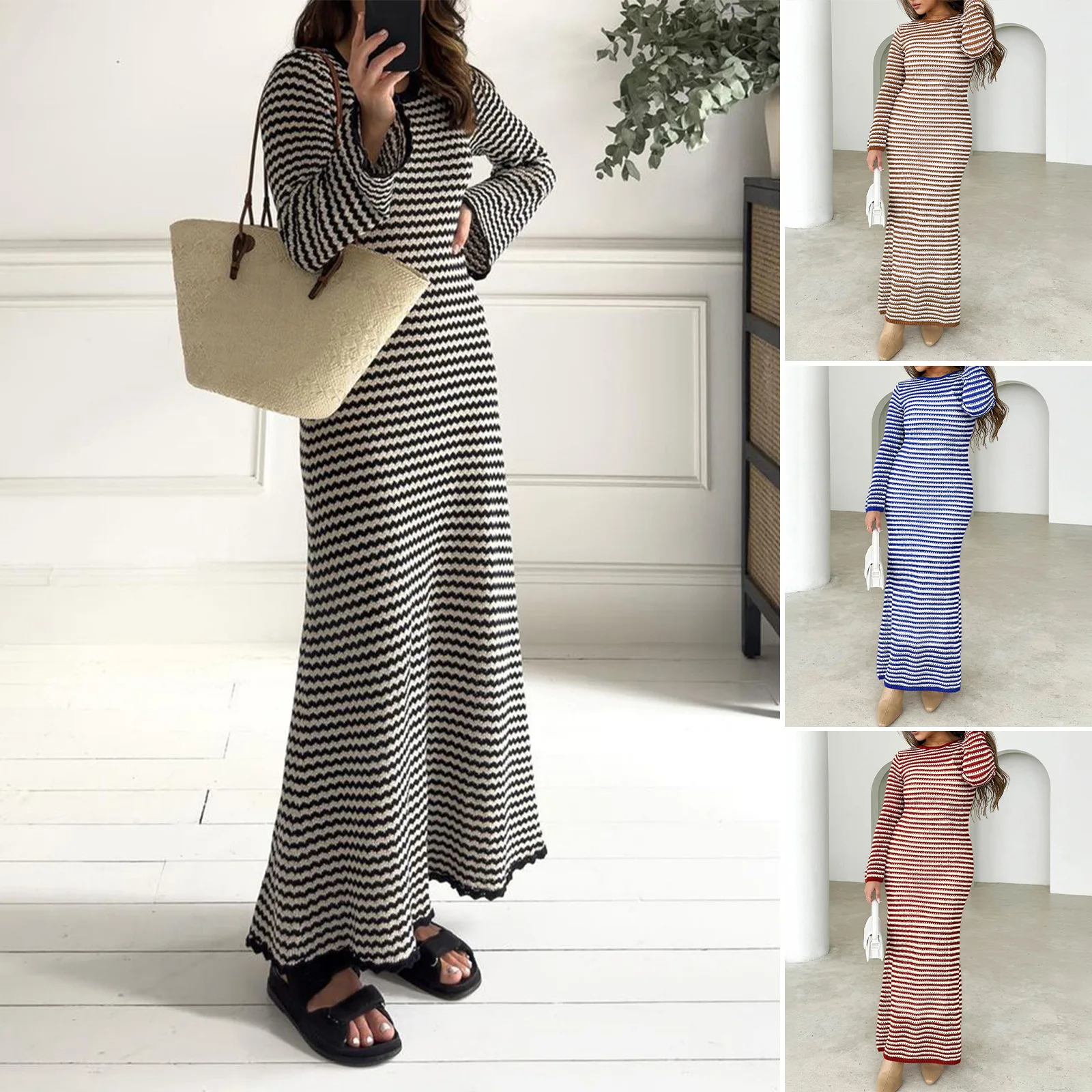 2025 Autumn And Winter Long Dress Women's Casual Contrasting Color Striped Long-sleeved Sweater Dress
2025 Autumn And Winter Long Dress Women's Casual Contrasting Color Striped Long-sleeved Sweater Dress