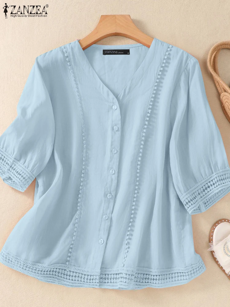 ZANZEA Fashion Korean Shirts Women Summer Short Sleeve Tops 2025 Casual Loose Lace Hem Tunics Elegant V-neck Buttons Blouses
ZANZEA Fashion Korean Shirts Women Summer Short Sleeve Tops 2025 Casual Loose Lace Hem Tunics Elegant V-neck Buttons Blouses