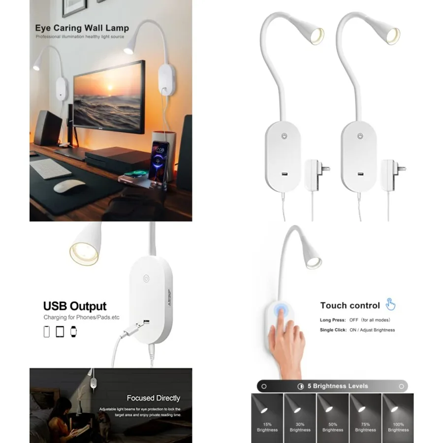 LED Wall Mount Reading Light for Bed, Reading Lamp with USB Output 5 Brightness Levels Touch Control Book Lights, 4000K Bedside
LED Wall Mount Reading Light for Bed, Reading Lamp with USB Output 5 Brightness Levels Touch Control Book Lights, 4000K Bedside