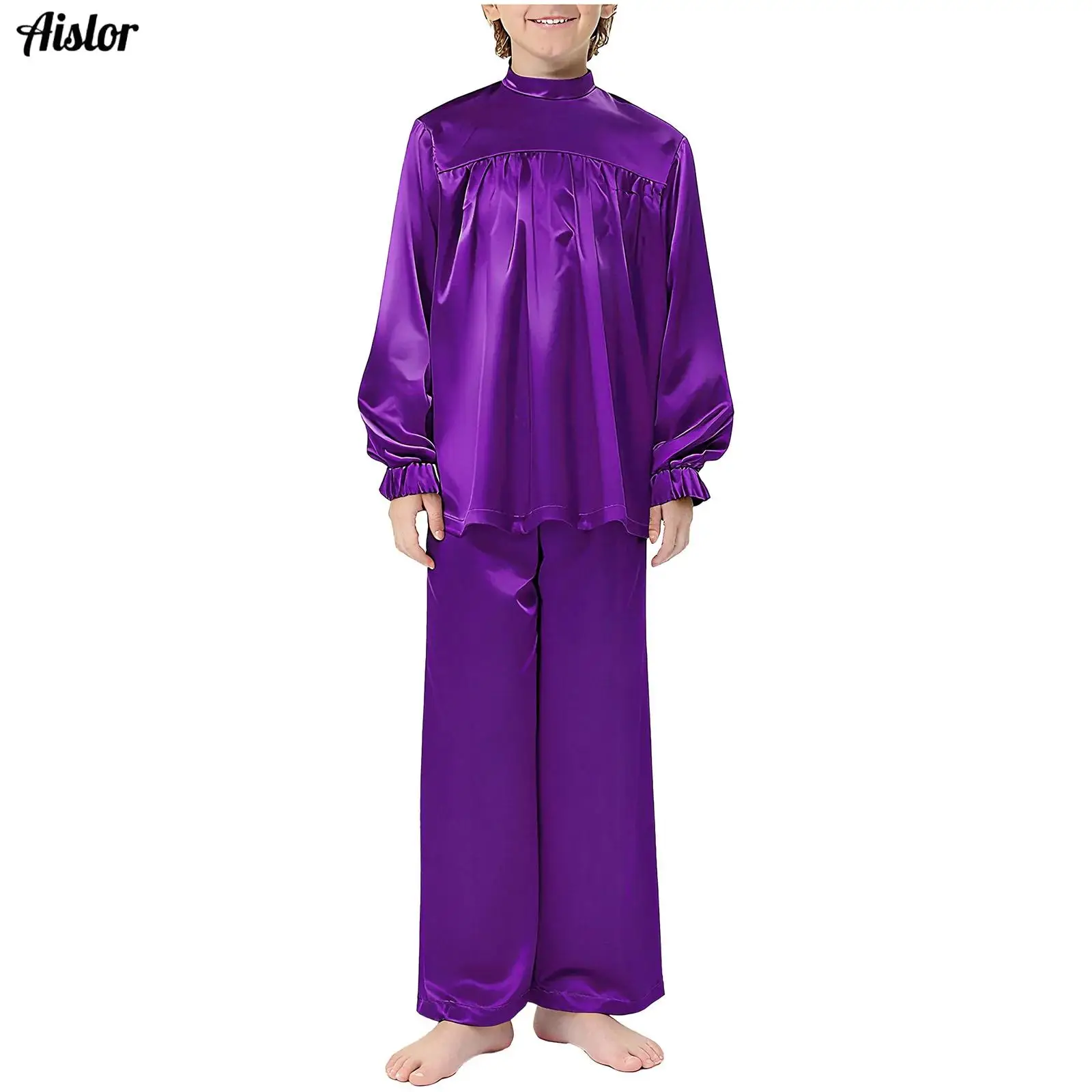 Kids Boys Church Praise Liturgical Dance Costume 2-Piece Mock Neck Long Sleeve Satin Top+Wide-Leg Pants Modern Lyrical Dancewear
Kids Boys Church Praise Liturgical Dance Costume 2-Piece Mock Neck Long Sleeve Satin Top+Wide-Leg Pants Modern Lyrical Dancewear