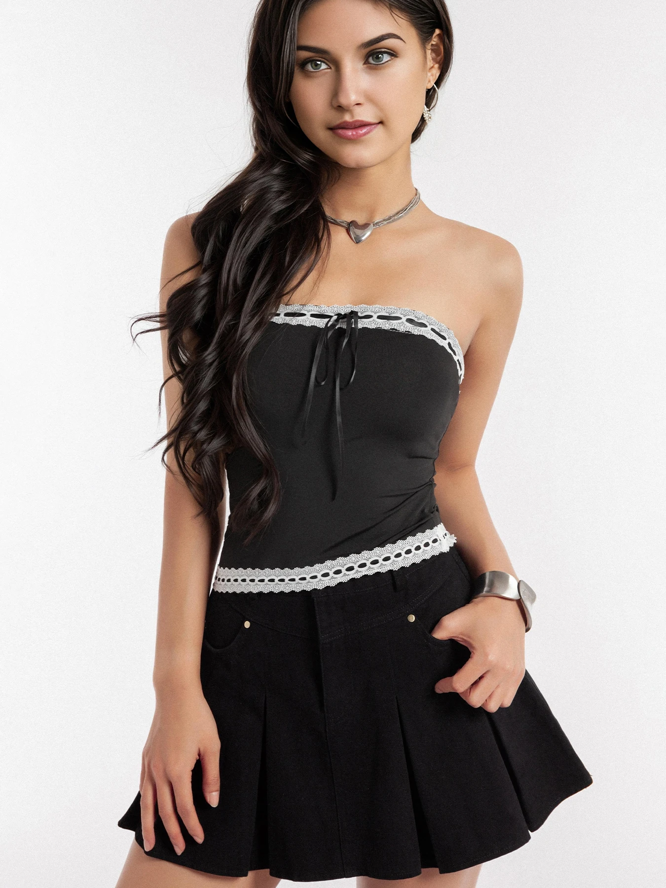 Summer Sexy Black Knitted Lace Splice Tube Top Ruffle Waist Slim Fit Bustier Top Women's Sweety Lace-Up Club Party Tube Top
Summer Sexy Black Knitted Lace Splice Tube Top Ruffle Waist Slim Fit Bustier Top Women's Sweety Lace-Up Club Party Tube Top