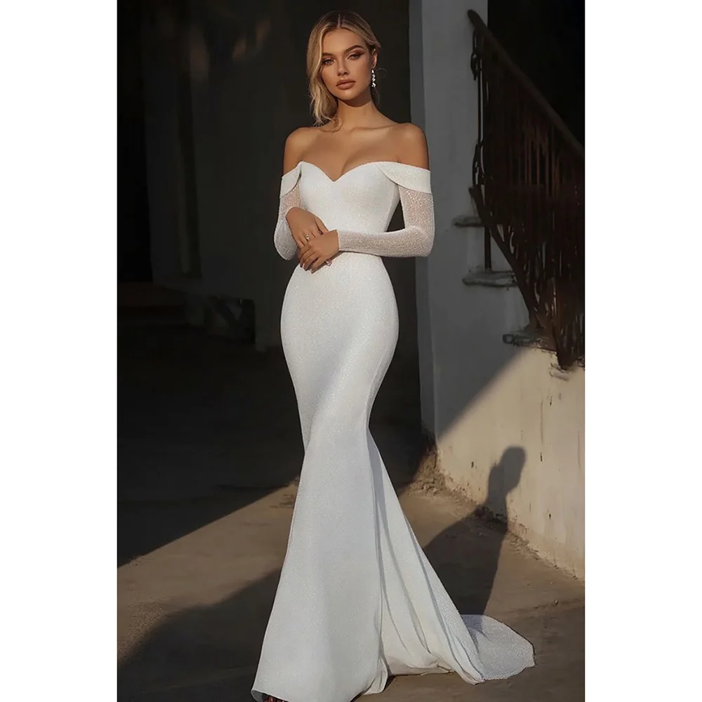 White Off The Shoulder Long Sleeves Tulle Sparkle Shinning Women Prom Gown Mermaid Floor Length Hiah Quality Dinner Party Dress
White Off The Shoulder Long Sleeves Tulle Sparkle Shinning Women Prom Gown Mermaid Floor Length Hiah Quality Dinner Party Dress