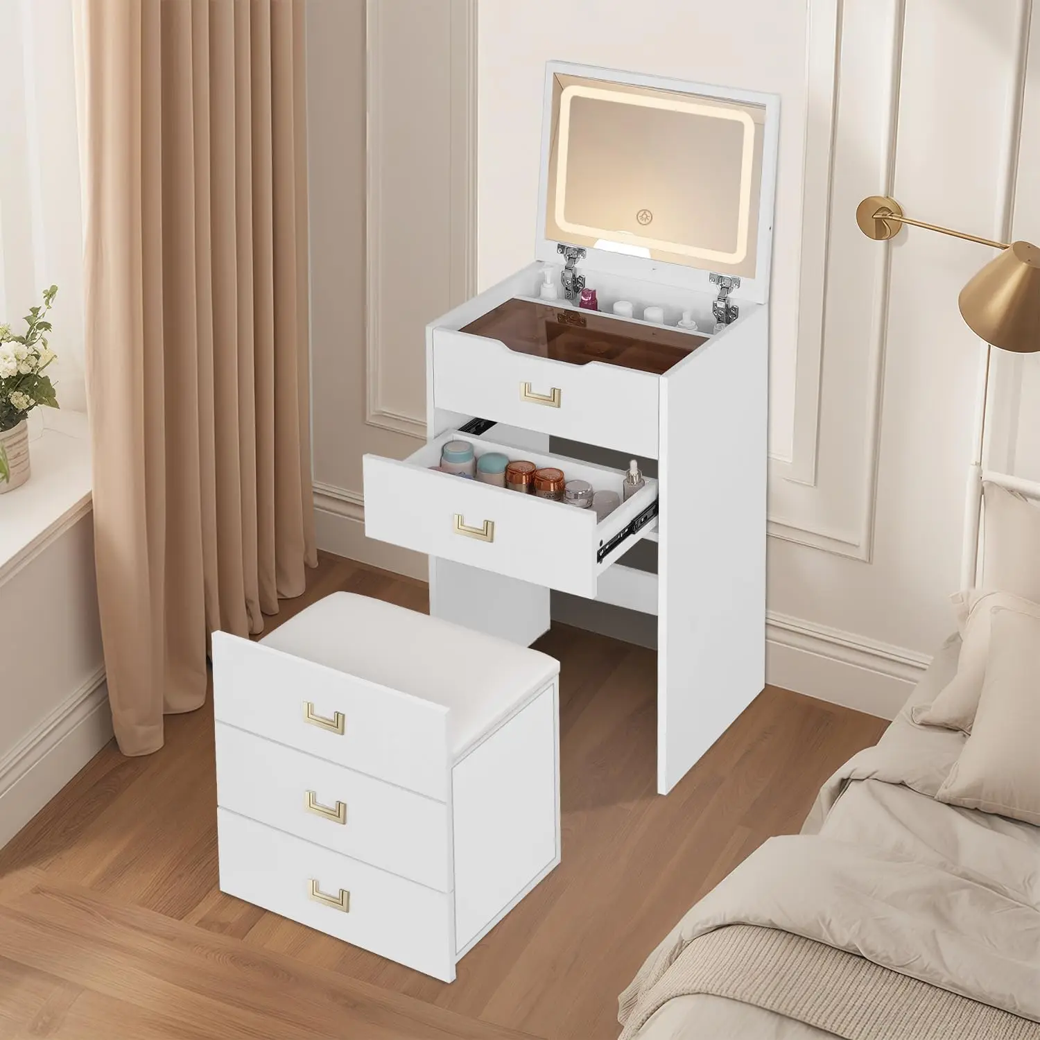 3 in 1 Vanity Desk with Flip Top Mirror,Small Make Up Vanity Set with Visible Glass Desktop,Compact Makeup Vanity with 3 Drawers
3 in 1 Vanity Desk with Flip Top Mirror,Small Make Up Vanity Set with Visible Glass Desktop,Compact Makeup Vanity with 3 Drawers