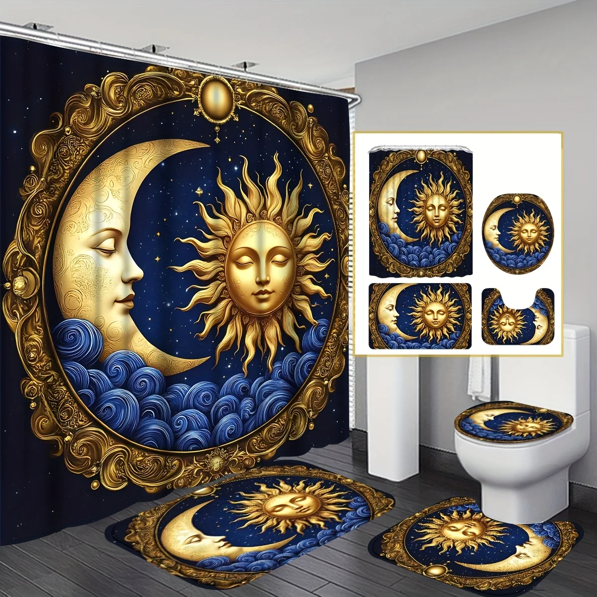 4pcs Golden Sun & Moon Shower Curtain Set, Sun Moon And Stars Over Blue Black Sky Bathroom Shower Curtain Sets with Rug, Mystic
4pcs Golden Sun & Moon Shower Curtain Set, Sun Moon And Stars Over Blue Black Sky Bathroom Shower Curtain Sets with Rug, Mystic