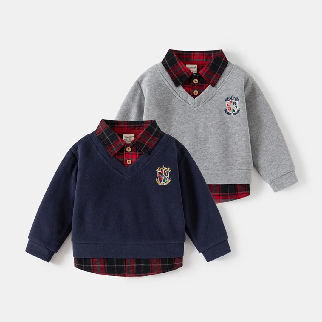 Baby Boy Clothes Cotton Fake Two-Piece Sweatshirt 2-6Y Kids Girls Plaid Shirt Collar Embroidery Badge Pullover Autumn Casual Top 
Baby Boy Clothes Cotton Fake Two-Piece Sweatshirt 2-6Y Kids Girls Plaid Shirt Collar Embroidery Badge Pullover Autumn Casual Top