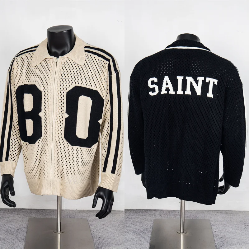 Мужчины Женщины Святые вязаные свитера No 80-дюймовые повседневные свитера с длинными рукавами на молнии и сетчатым принтом 
Мужчины Женщины Святые вязаные свитера No 80-дюймовые повседневные свитера с длинными рукавами на молнии и сетчатым принтом