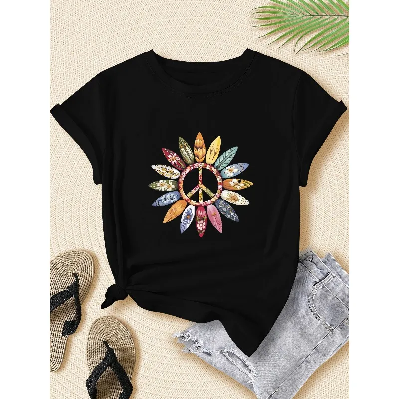 Women's Flower Peace Logo Pattern T-shirt Black Casual Round Neck Top Bright Printed Design Fashionable Neutral Top T-shirt
Women's Flower Peace Logo Pattern T-shirt Black Casual Round Neck Top Bright Printed Design Fashionable Neutral Top T-shirt