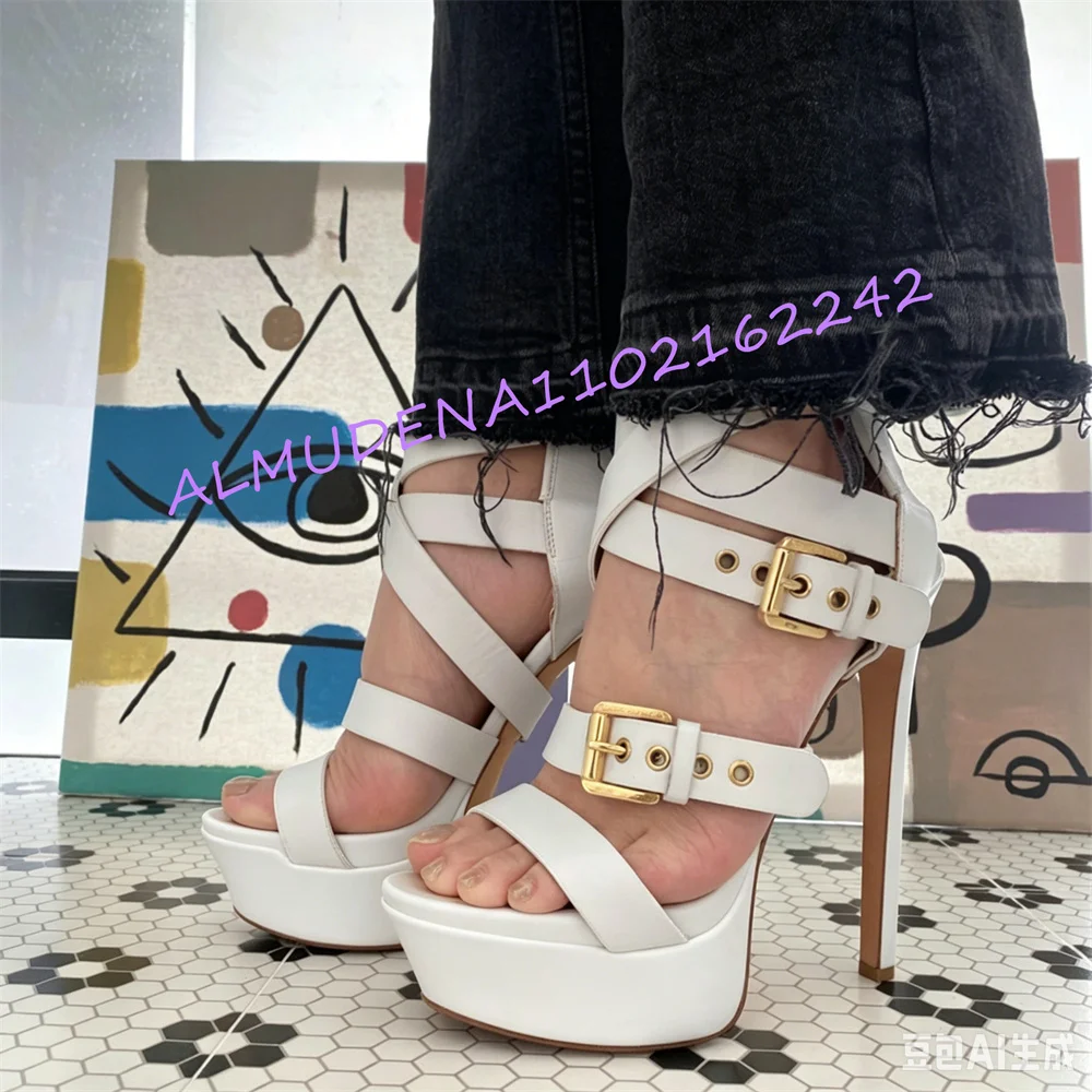 Women White Leather Platform Sandals Open Toe Multi Buckle Cross Ankle Straps Thin Stiletto Heel Ladies High Heel Footwear 46
Women White Leather Platform Sandals Open Toe Multi Buckle Cross Ankle Straps Thin Stiletto Heel Ladies High Heel Footwear 46