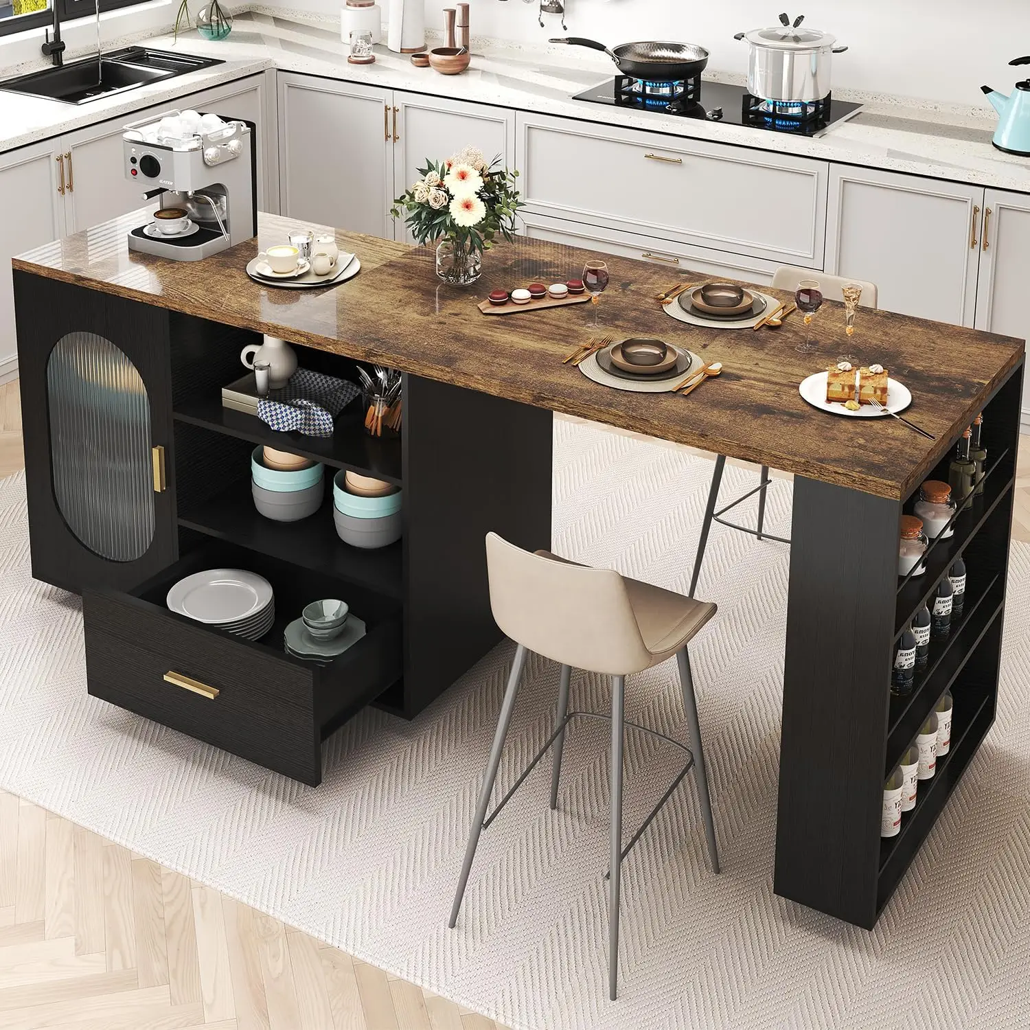 72" Rustic Kitchen Island with Storage, Mobile Farmhouse Kitchen Island Cart with Cabinet, Drawer & Shelves, Island Table on
72" Rustic Kitchen Island with Storage, Mobile Farmhouse Kitchen Island Cart with Cabinet, Drawer & Shelves, Island Table on