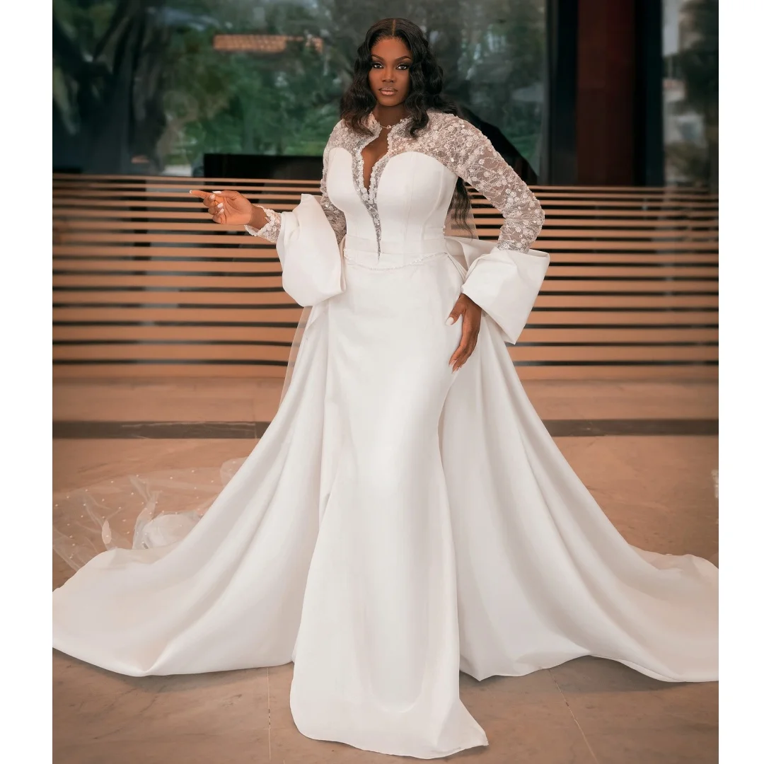 Satin Mermaid Wedding Dresses Plus Size Lace Long Sleeves Bridal Gown Elegant Sweep Train Party Dress robe de mariée Customized
Satin Mermaid Wedding Dresses Plus Size Lace Long Sleeves Bridal Gown Elegant Sweep Train Party Dress robe de mariée Customized