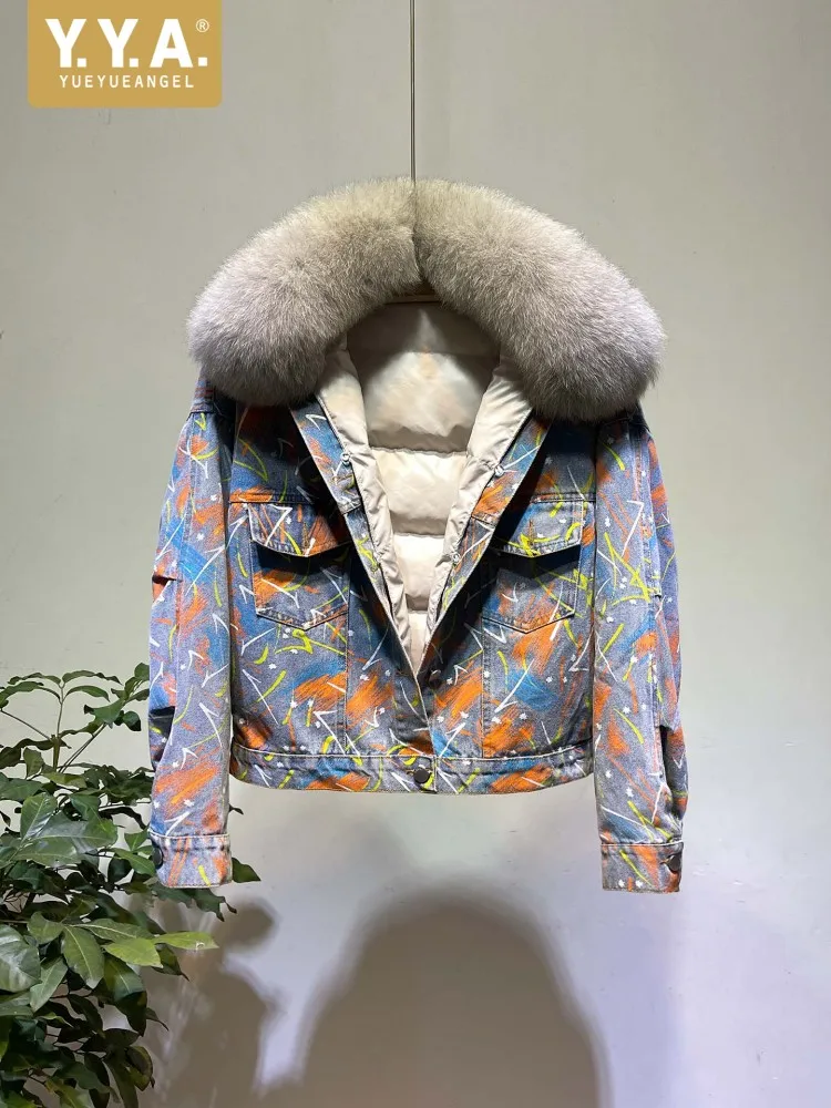 Winter Women Down Coat Fox Fur Collar Printed Denim Jackets Liner Detachable Puffer Jacket Office Lady Single Breasted Outerwear
Winter Women Down Coat Fox Fur Collar Printed Denim Jackets Liner Detachable Puffer Jacket Office Lady Single Breasted Outerwear