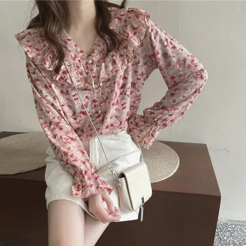 Korean Flower Print Sweet Chiffon Shirt Female Fashionable Retro Ruffles Long Sleeve Blouses Straight Loose Tops Spring Clothing
Korean Flower Print Sweet Chiffon Shirt Female Fashionable Retro Ruffles Long Sleeve Blouses Straight Loose Tops Spring Clothing