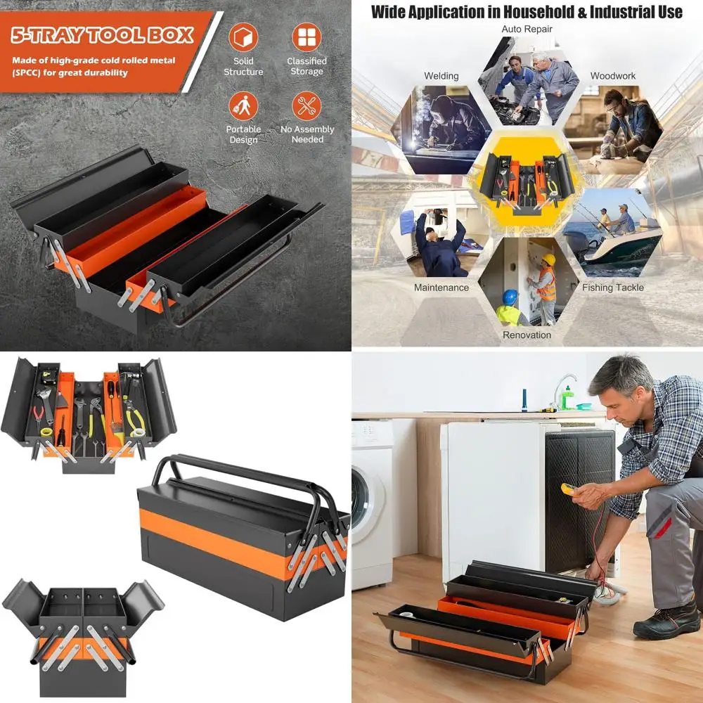 Portable 3-Layer 5-Tray Metal Tool Chest Organizer with Handle and Lock, 22-Inch Folding Toolbox for Garage, Office, Household -
Portable 3-Layer 5-Tray Metal Tool Chest Organizer with Handle and Lock, 22-Inch Folding Toolbox for Garage, Office, Household -