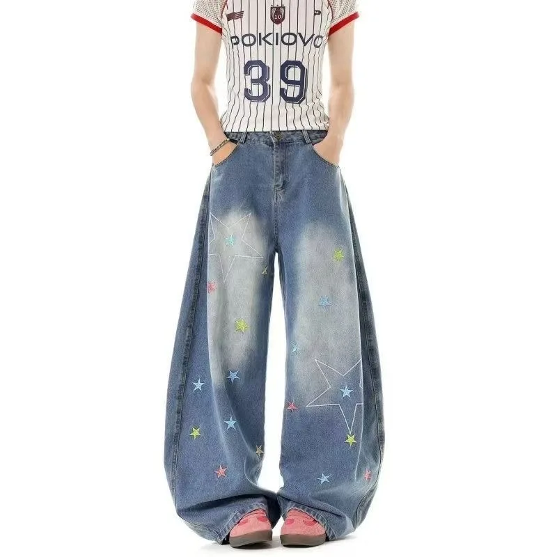 American Style Star Embroidery Women's Jeans High Waist Loose Fit Straight Leg Long Pants Trendy Washed out Knife Edge Trousers
American Style Star Embroidery Women's Jeans High Waist Loose Fit Straight Leg Long Pants Trendy Washed out Knife Edge Trousers