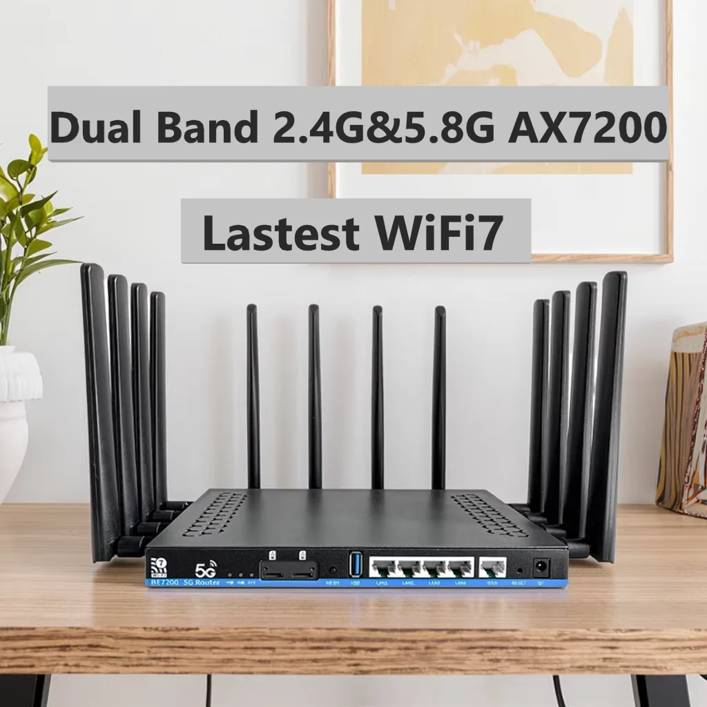 Dual-Band 7200Mbps Two Dual Sim Card Slot 5G New WIFI7 Router MT7988 Chip Home Office Indoor Outdoor Firewall VPN QoS DDR4 1GB
Dual-Band 7200Mbps Two Dual Sim Card Slot 5G New WIFI7 Router MT7988 Chip Home Office Indoor Outdoor Firewall VPN QoS DDR4 1GB