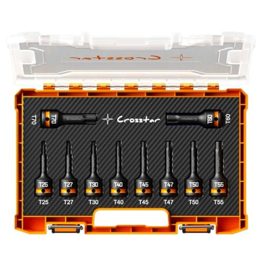10-Piece Impact Torx Bit Socket Set T25~T70 1/2" Drive Cr-Mo Steel Long High Impact Star Sockets for Automotive and Heavy-Duty
10-Piece Impact Torx Bit Socket Set T25~T70 1/2" Drive Cr-Mo Steel Long High Impact Star Sockets for Automotive and Heavy-Duty