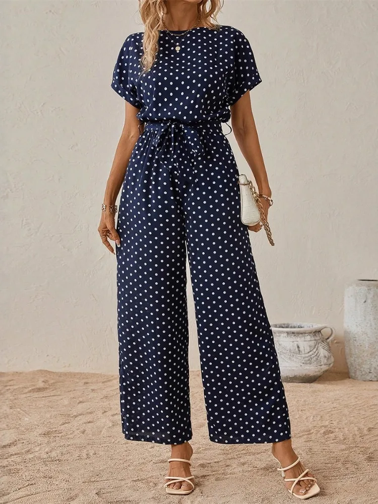 Lemongor Women's Elegant Contrast Color Polka-Dot Wide Leg Jumpsuits 2026 New Short Sleeves O-Neck Tied Waist Office Outfits
Lemongor Women's Elegant Contrast Color Polka-Dot Wide Leg Jumpsuits 2026 New Short Sleeves O-Neck Tied Waist Office Outfits
