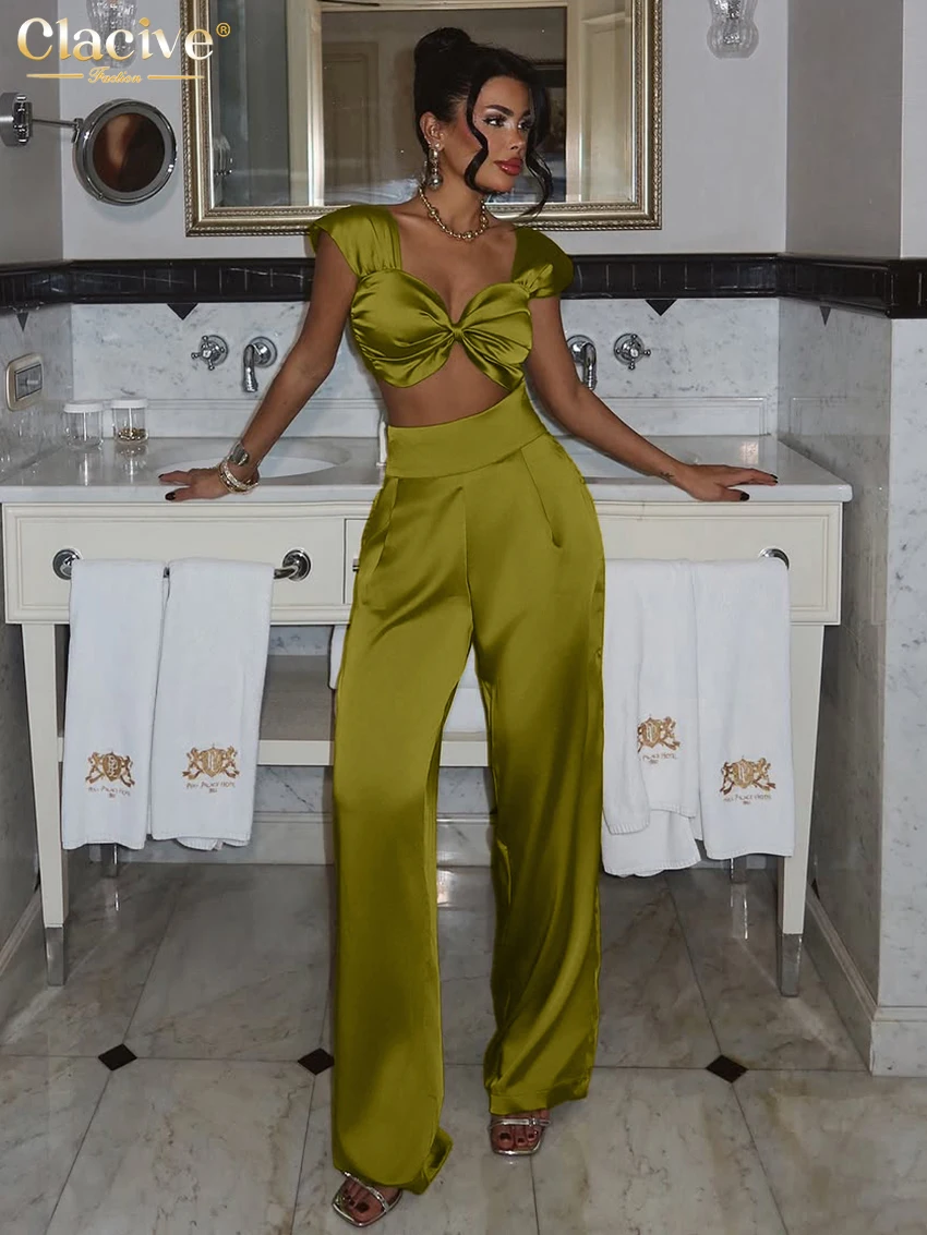 Clacive Sexy Slim Green Satin 2 Piece Sets Woman Outfit 2025 Summer Sleeveless Crop Top With High Waist Wide Pants Set Female
Clacive Sexy Slim Green Satin 2 Piece Sets Woman Outfit 2025 Summer Sleeveless Crop Top With High Waist Wide Pants Set Female