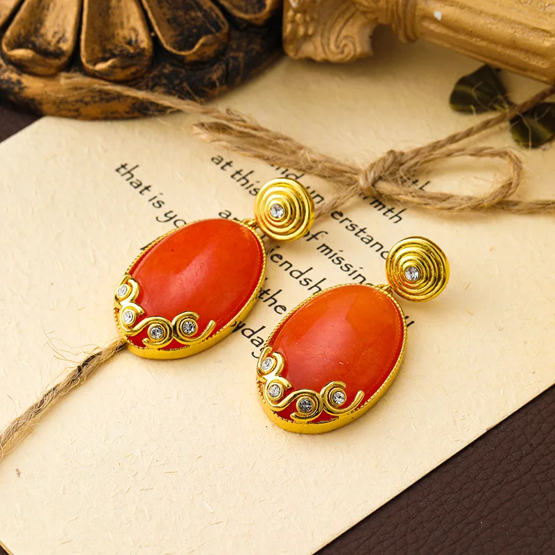 Chinese Style Vintage Designer Women Red Nature Stone Zircon 18k Gold Plated Dangle Earrings Set , Woman Ear Accessories Gift
Chinese Style Vintage Designer Women Red Nature Stone Zircon 18k Gold Plated Dangle Earrings Set , Woman Ear Accessories Gift