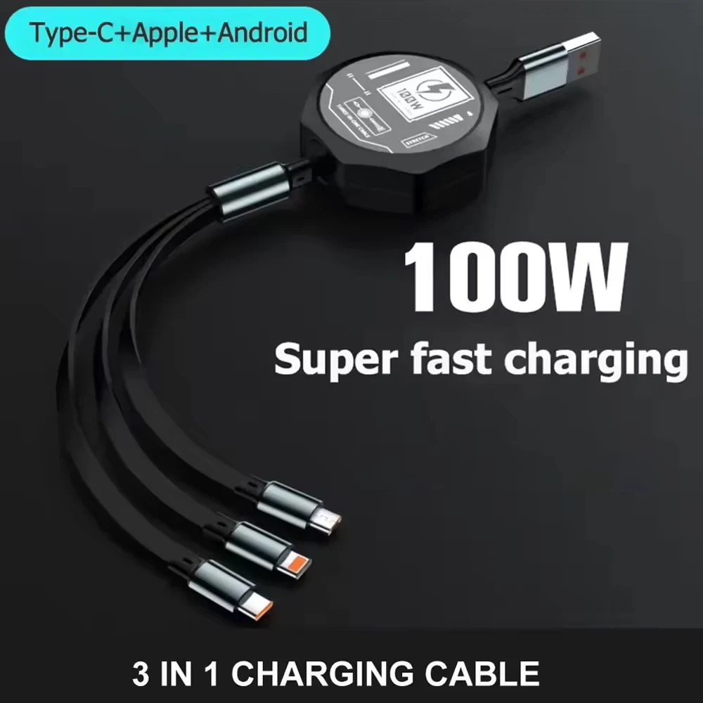 100W 3 In 1 Retractable Usb Cable Fast Charging And Data Micro Usb Type C For iPhone 15 14 13 Pro Max Android Phone Xiaomi Cable
100W 3 In 1 Retractable Usb Cable Fast Charging And Data Micro Usb Type C For iPhone 15 14 13 Pro Max Android Phone Xiaomi Cable