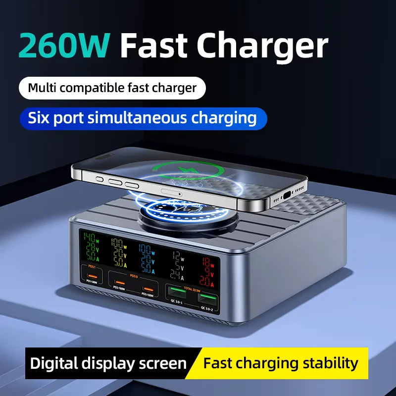 Newest GaN 260W Desktop Charger Laptop cell Phone Fast Charger QC3.0 PD3.1 Charging Station Wireless Charger Cell Phone Charger
Newest GaN 260W Desktop Charger Laptop cell Phone Fast Charger QC3.0 PD3.1 Charging Station Wireless Charger Cell Phone Charger
