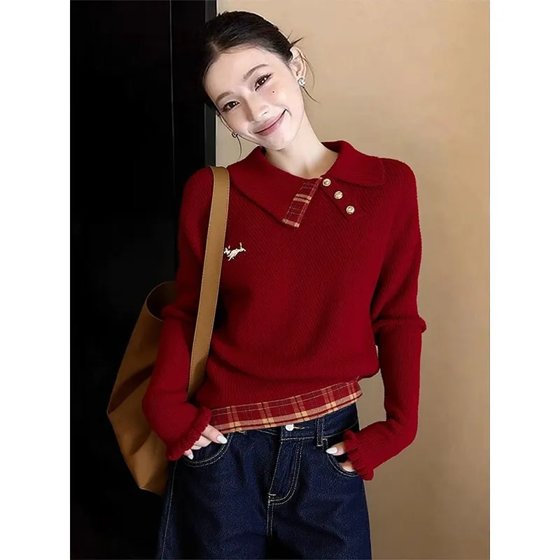 Vintage Knitted Red Asymmetrical Collar Top Women's Casual Loose Fit Inner Wear Knitwear Spring Autumn Aosphere Sensation
Vintage Knitted Red Asymmetrical Collar Top Women's Casual Loose Fit Inner Wear Knitwear Spring Autumn Aosphere Sensation