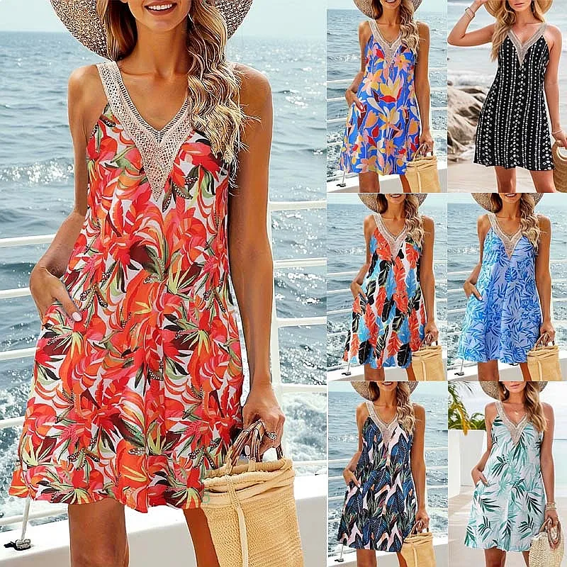 Summer Beach Lace V Neck Tank Dress Casual Tropical Print Sleeveless Short Dresses
Summer Beach Lace V Neck Tank Dress Casual Tropical Print Sleeveless Short Dresses