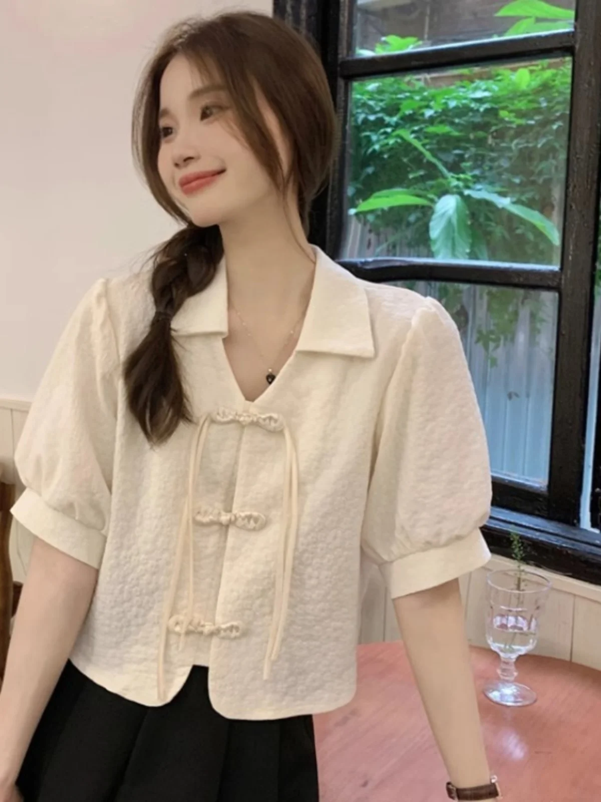 Summer 2026 White Design Sensation Retro Button up Short Sleeve Bubble Sleeve Shirt Women's Loose Fit Polyester Neck Top
Summer 2026 White Design Sensation Retro Button up Short Sleeve Bubble Sleeve Shirt Women's Loose Fit Polyester Neck Top